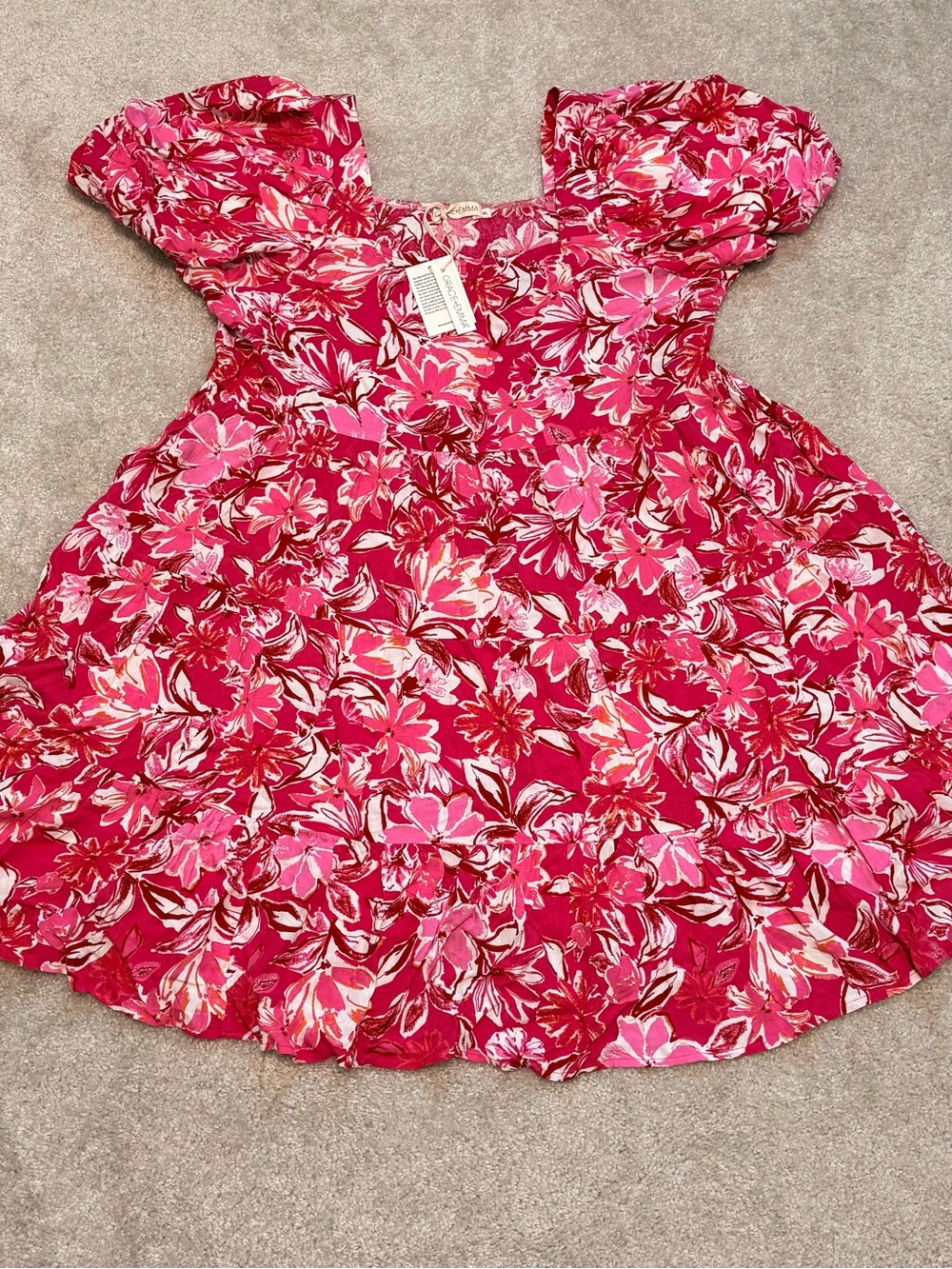 Women's Pink Floral Puff-Sleeve Dress Blouse